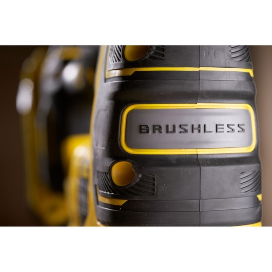 STANLEY SFMCS650M2K jigsaw close-up, showing black and yellow brushless casing detail.