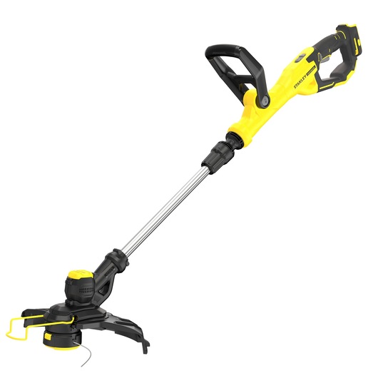 Stanley cordless grass trimmer with yellow and black design, adjustable handle and metal shaft.