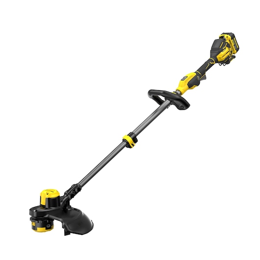 STANLEY SFMCSTB933M cordless string trimmer, yellow and black, side angle on white background.