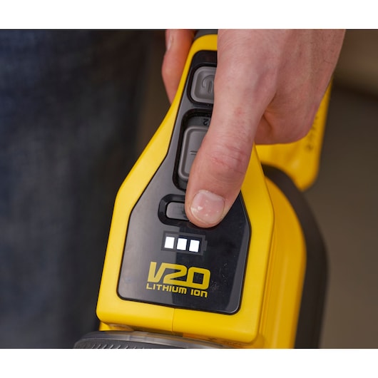 Photo of STANLEY SFMCVS001D1 handheld vacuum control panel, showing V20 Lithium Ion logo and battery indicator.