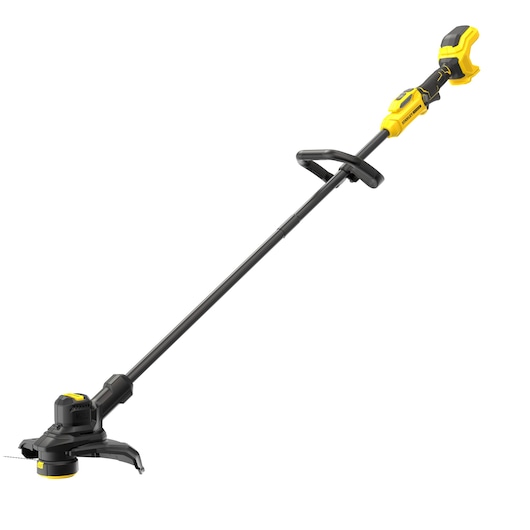 STANLEY SFMSTB930B cordless string trimmer, black and yellow, side angle on white background.