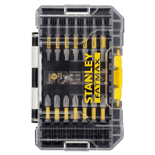 STANLEY STA88558 screwdriver bit set in clear plastic case, top view showing multiple labeled bits with yellow accents.