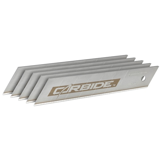Stack of silver utility knife blades with 'Carbide' branding, shown angled to display their edges.