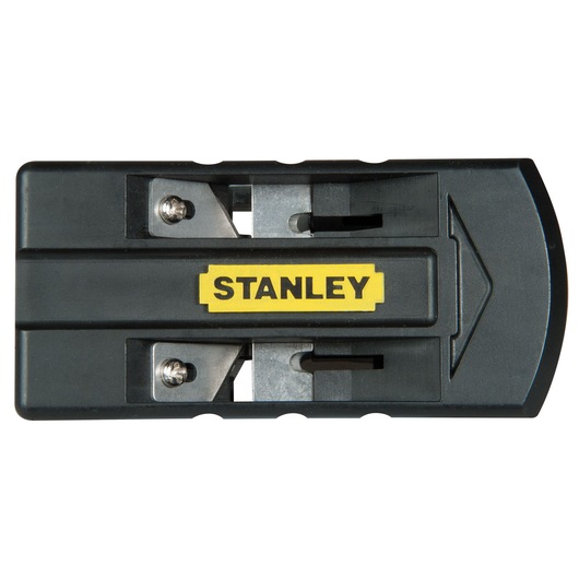 STANLEY STHT0-16139 black dual-blade pencil sharpener, top view, with yellow STANLEY logo, white background.