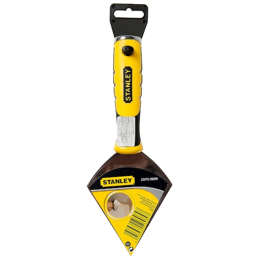 STANLEY STHT0-26089 stainless steel scraper with yellow and black ergonomic handle, front view on white background.