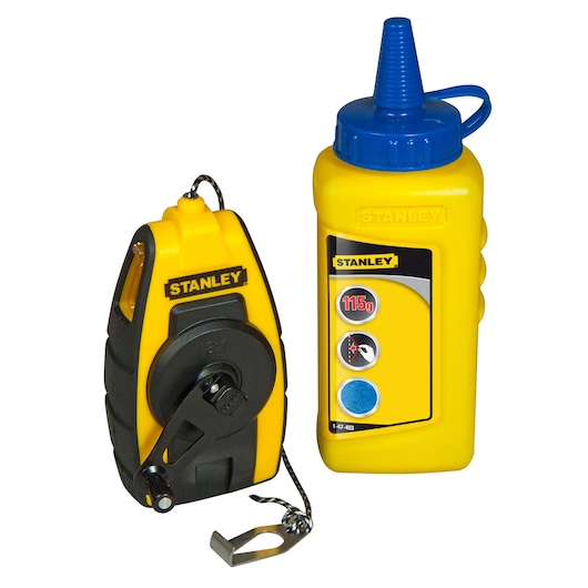STANLEY STHT0-47244 chalk line reel and blue chalk bottle, front angle on white background.