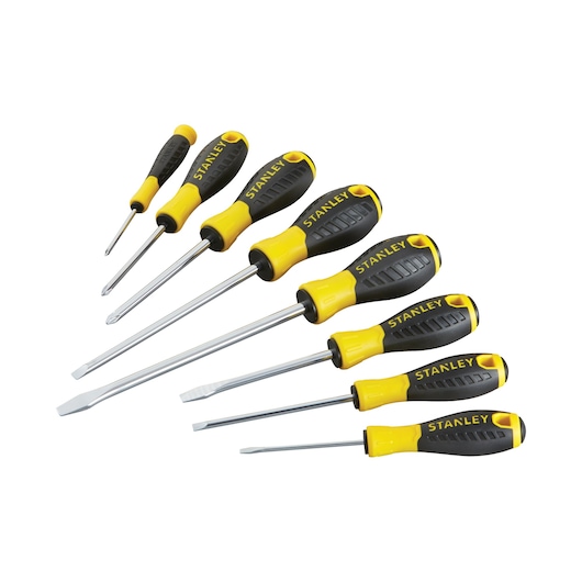 STANLEY STHT0-60210 screwdriver set, eight pieces with yellow and black handles, flat and Phillips tips, top angle.