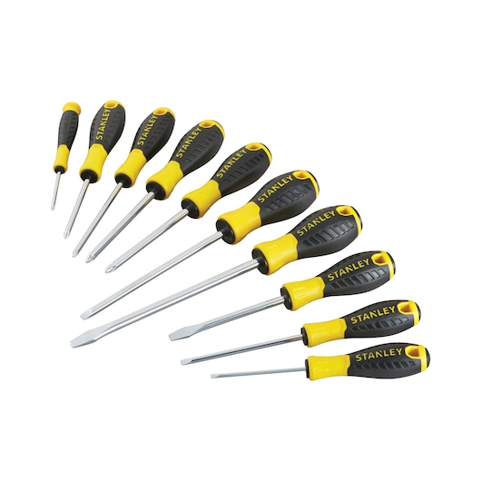 STANLEY STHT0-60211 screwdriver set with black and yellow handles, flat and Phillips types, top angle on white.