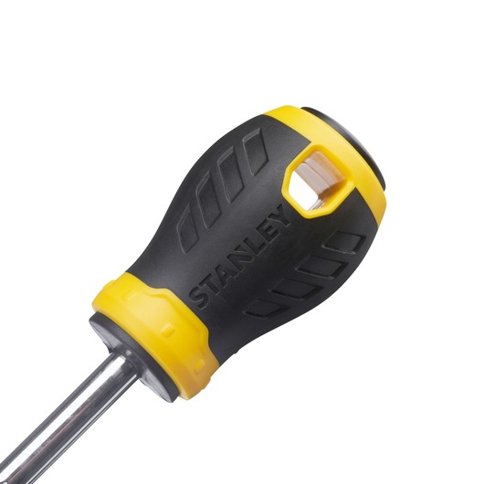 Photo of STANLEY STHT0-60329 screwdriver handle, black and yellow ergonomic grip, product close-up on white background.