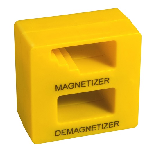 STANLEY STHT0-62113 yellow plastic magnetizer and demagnetizer block, side angle on white background.