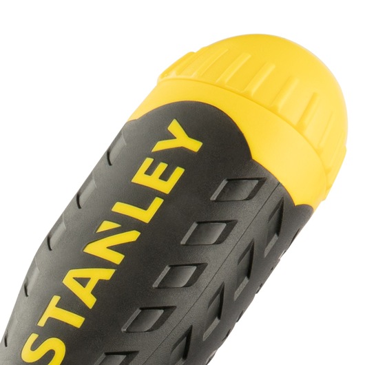 Close-up of STANLEY black and yellow handle with textured grip and brand logo visible.