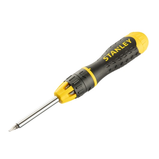 Stanley black and yellow multi-bit screwdriver with ergonomic handle, shown on a white background.
