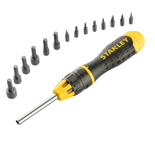 STANLEY STHT0-62574 multi-bit screwdriver set with black and yellow handle, shown with bits on white background.