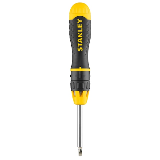 Stanley screwdriver with black and yellow handle and interchangeable slotted tip, photographed upright on white background.