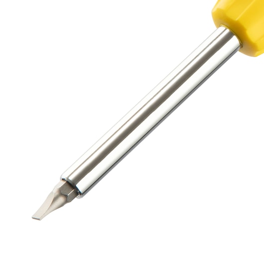 Close-up of a flathead screwdriver with a yellow handle and metal shaft.