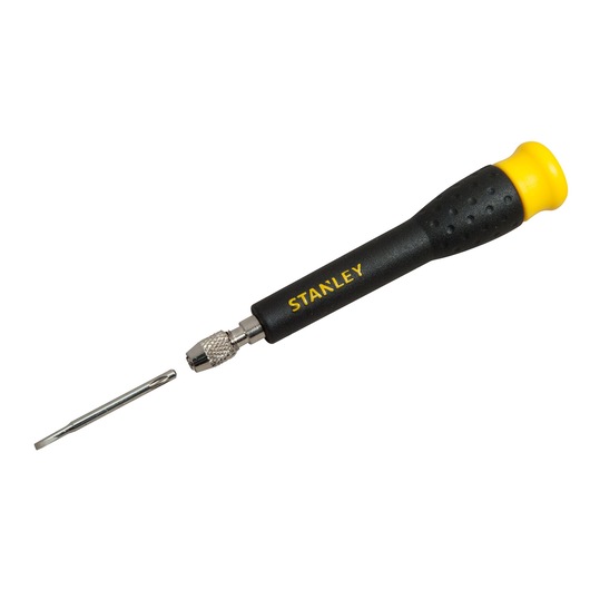STANLEY STHT0-62629 precision screwdriver with black and yellow handle, flathead bit on white background.
