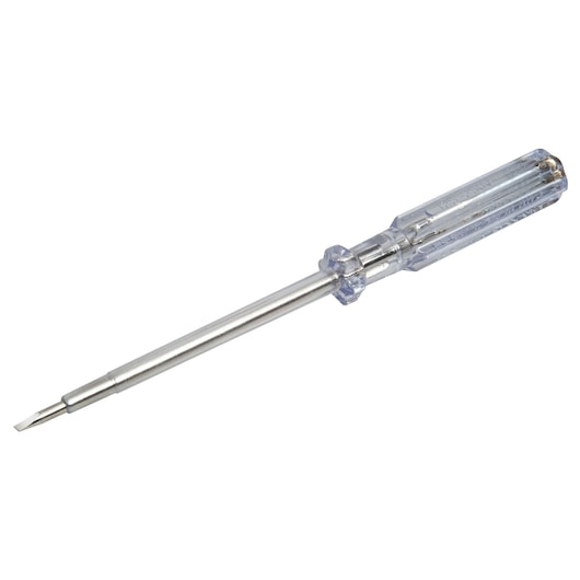 STANLEY STHT0-62685 flat blade tester screwdriver with clear handle, angled on white background.