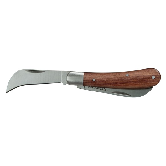 STANLEY STHT0-62687 folding pruning knife with curved stainless blade and wooden handle, side view on white.