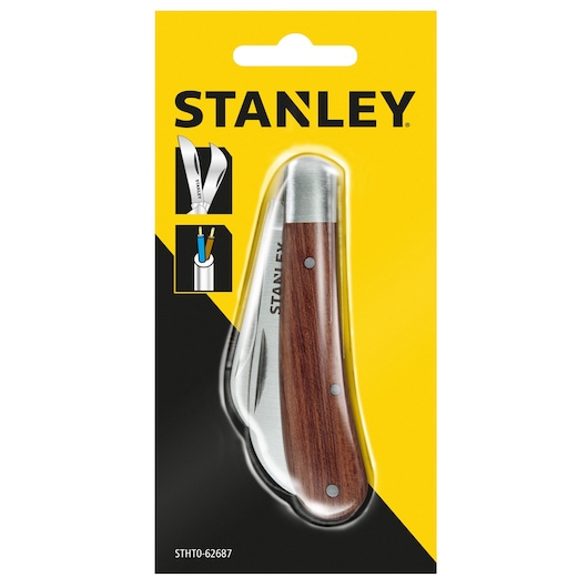 STANLEY STHT0-62687 folding pocket knife with wooden handle, front packaging, photography.