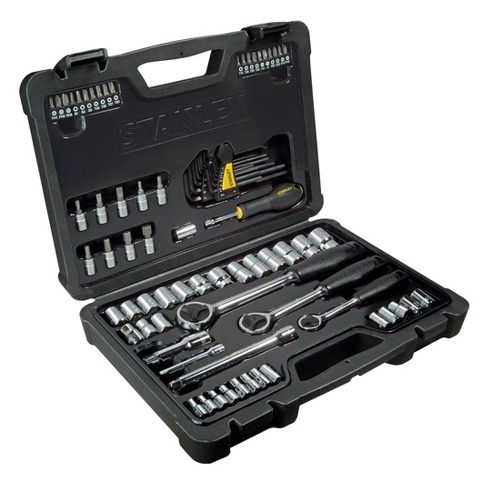 Stanley socket and ratchet tool set in a black case, including hex keys and bits arranged neatly.