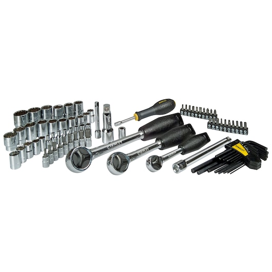 Stanley socket and wrench set with screwdriver bits and hex keys, arranged on a white background.