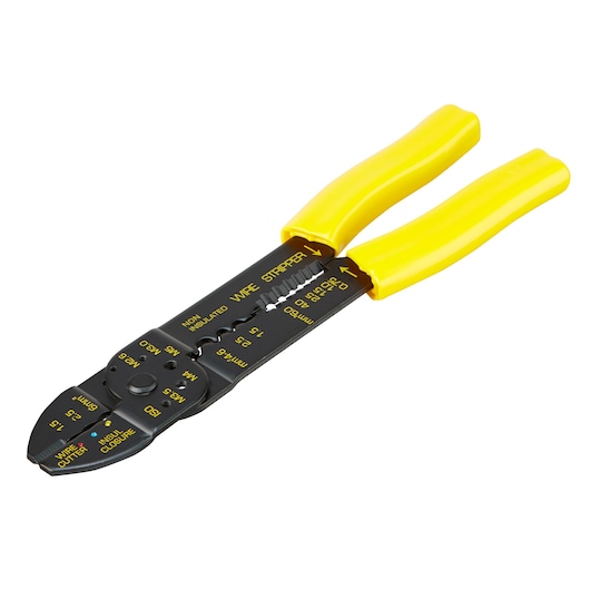 STANLEY STHT0-75414 wire stripper and cutter with yellow handles, angled view on white background.