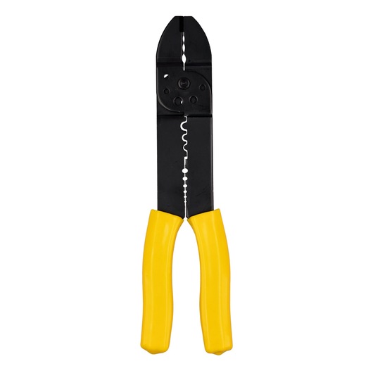 Wire stripper with black metal jaws and yellow handles, tool used for cutting and stripping electrical wires.