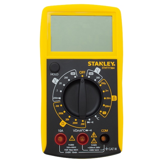 Photo of STANLEY STHT0-77364 digital multimeter, front view, yellow casing, clear dial and ports.