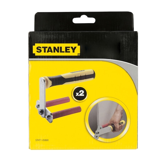 STANLEY STHT1-05868 drywall carry handles packaging, yellow and black box, front angle.