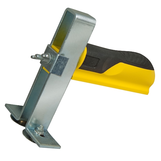 Photo of STANLEY STHT1-16069 steel marking gauge with yellow and black handle, side angle.
