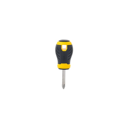 STANLEY STHT1-60329 stubby Phillips screwdriver with black and yellow handle, front angle, on white background.