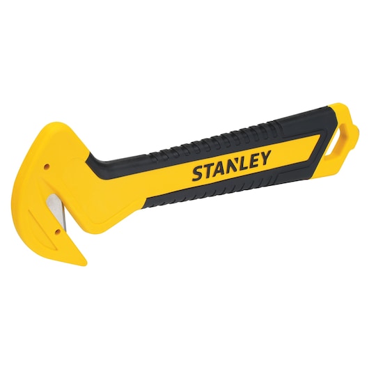 Stanley safety utility knife with yellow and black plastic handle, side angle on white background