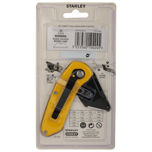 STANLEY STHT10424-0 folding utility knife, yellow and black, retail packaging, rear view.