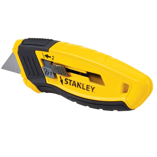 Stanley STHT10432-0 utility knife, yellow and black, side angle on white background.
