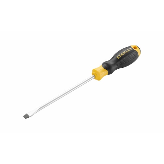 STANLEY STHT16148-0 flathead screwdriver, black and yellow handle, angled on white background.