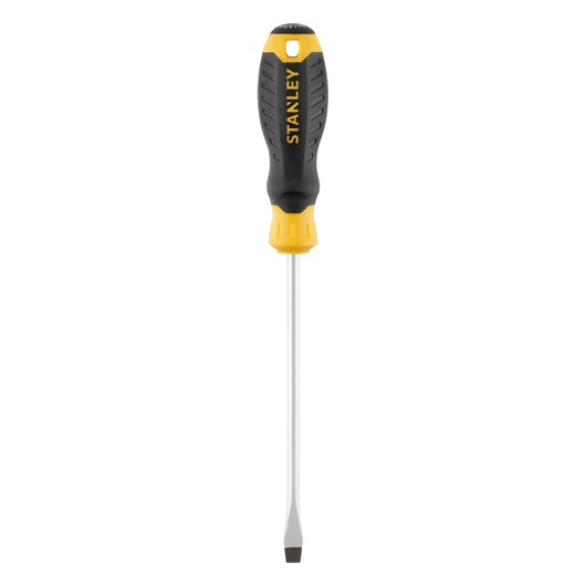 STANLEY STHT16148-0 slotted screwdriver with yellow and black handle, front view on white background.