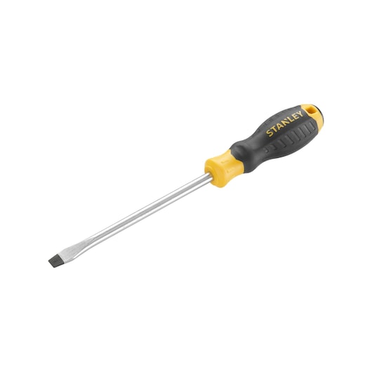 STANLEY STHT16149-0 slotted screwdriver with yellow and black handle, photography on white background.