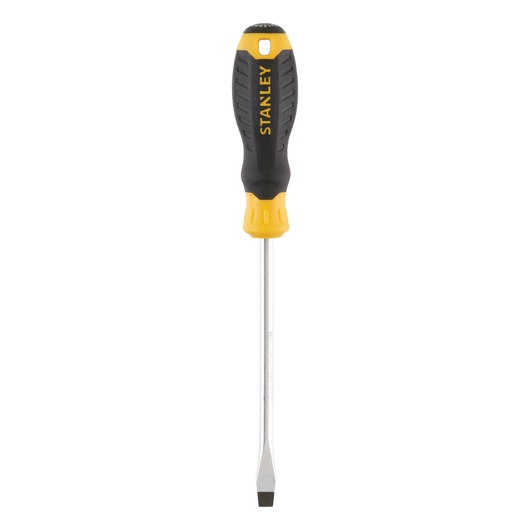 STANLEY STHT16149-0 slotted screwdriver with black and yellow handle, front view on white background.