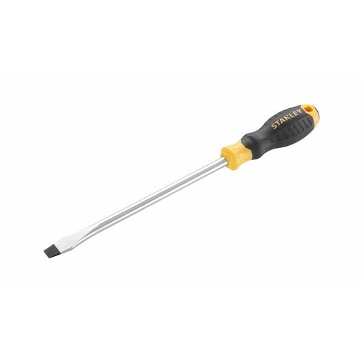 STANLEY STHT16150-0 flathead screwdriver with black and yellow handle, side angle on white background.