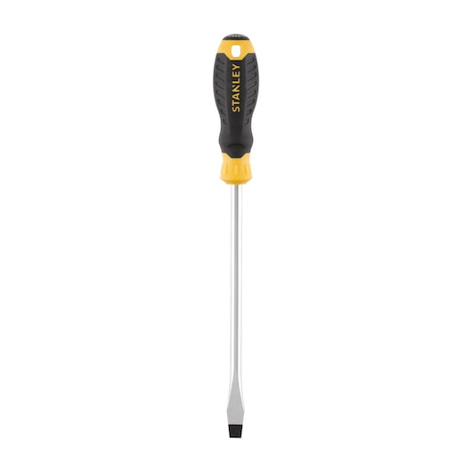 STANLEY STHT16150-0 flat head screwdriver, black and yellow handle, front angle, photography.
