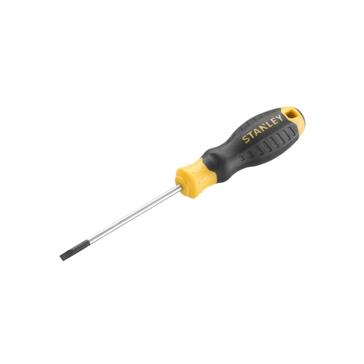 STANLEY STHT16152-0 flathead screwdriver with black and yellow handle, side angle, white background.