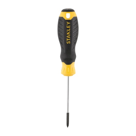 STANLEY STHT16153-0 screwdriver with black and yellow handle, front view, isolated on white background.