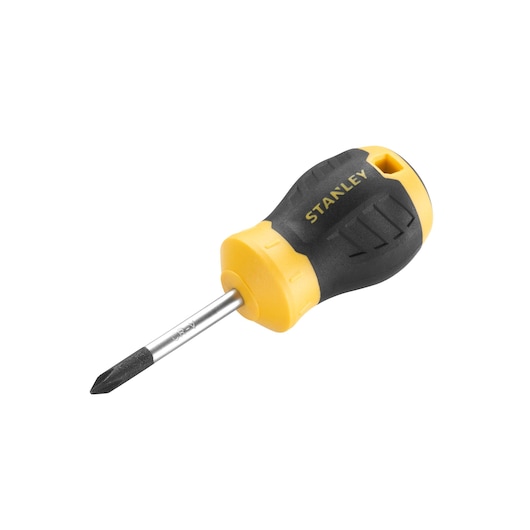 STANLEY STHT16154-0 stubby Phillips screwdriver, yellow and black handle, side angle photo.