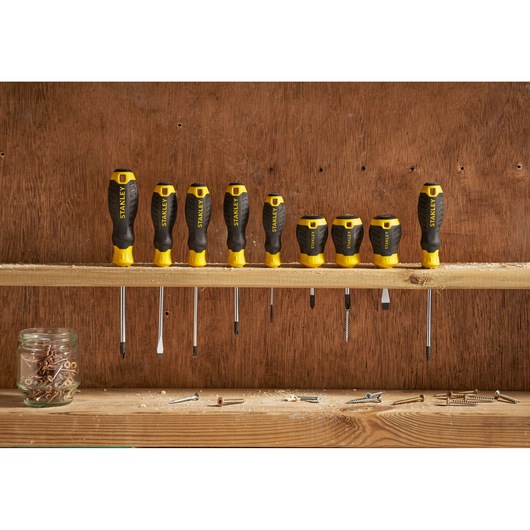 Photo of STANLEY STHT16155-0 screwdriver set with black and yellow handles on a wooden shelf.