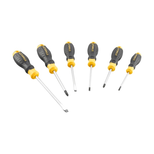 STANLEY STHT16165-0 screwdriver set with six black and yellow ergonomic handles, front angle, white background.