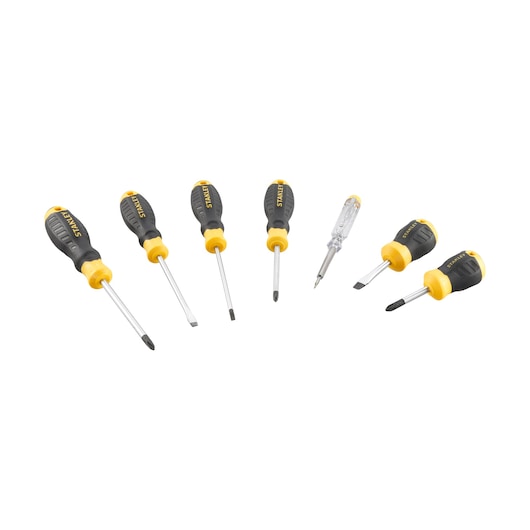 STANLEY STHT16166-0 screwdriver set with yellow and black handles, front angle on white background.