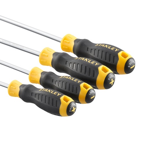STANLEY STHT16169-0 screwdriver set, black and yellow handles, photography, top angle on white background.