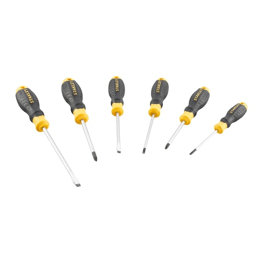 STANLEY STHT16172-0 screwdriver set, six pieces with black and yellow handles, front angle, white background.