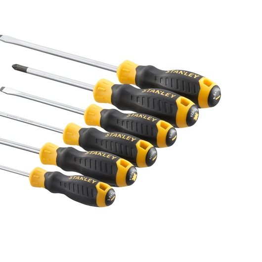 STANLEY STHT16172-0 screwdriver set with black and yellow handles, side angle photography.
