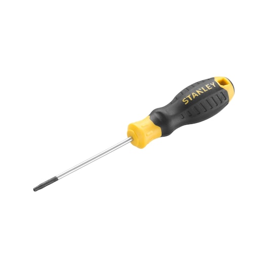 Photo of STANLEY STHT16177-0 screwdriver with black and yellow handle, angled on white background.